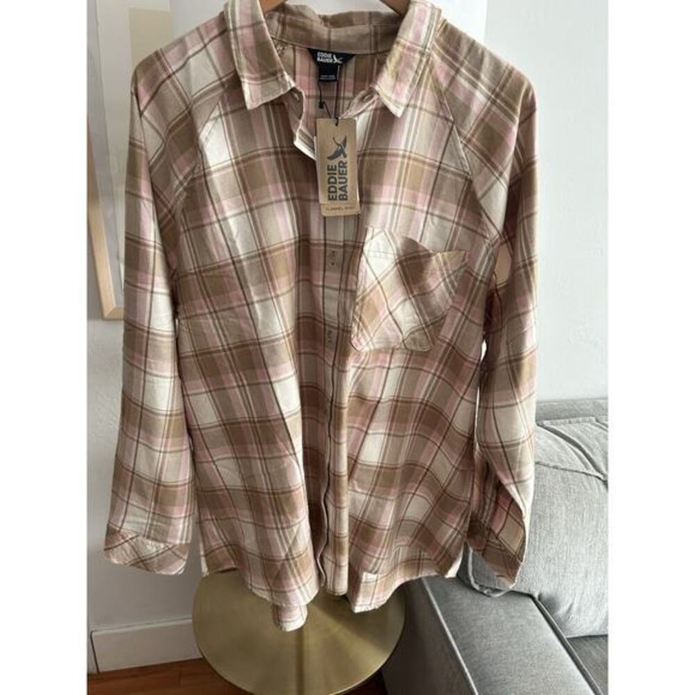 Eddie Bauer Plaid Oversized Shirt XXL Brown Pink Outdoor Lightweight